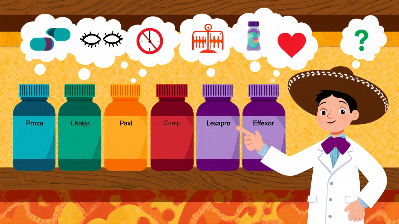 Allée de pharmacie avec une rangée de flacons colorés représentant différents antidépresseurs.