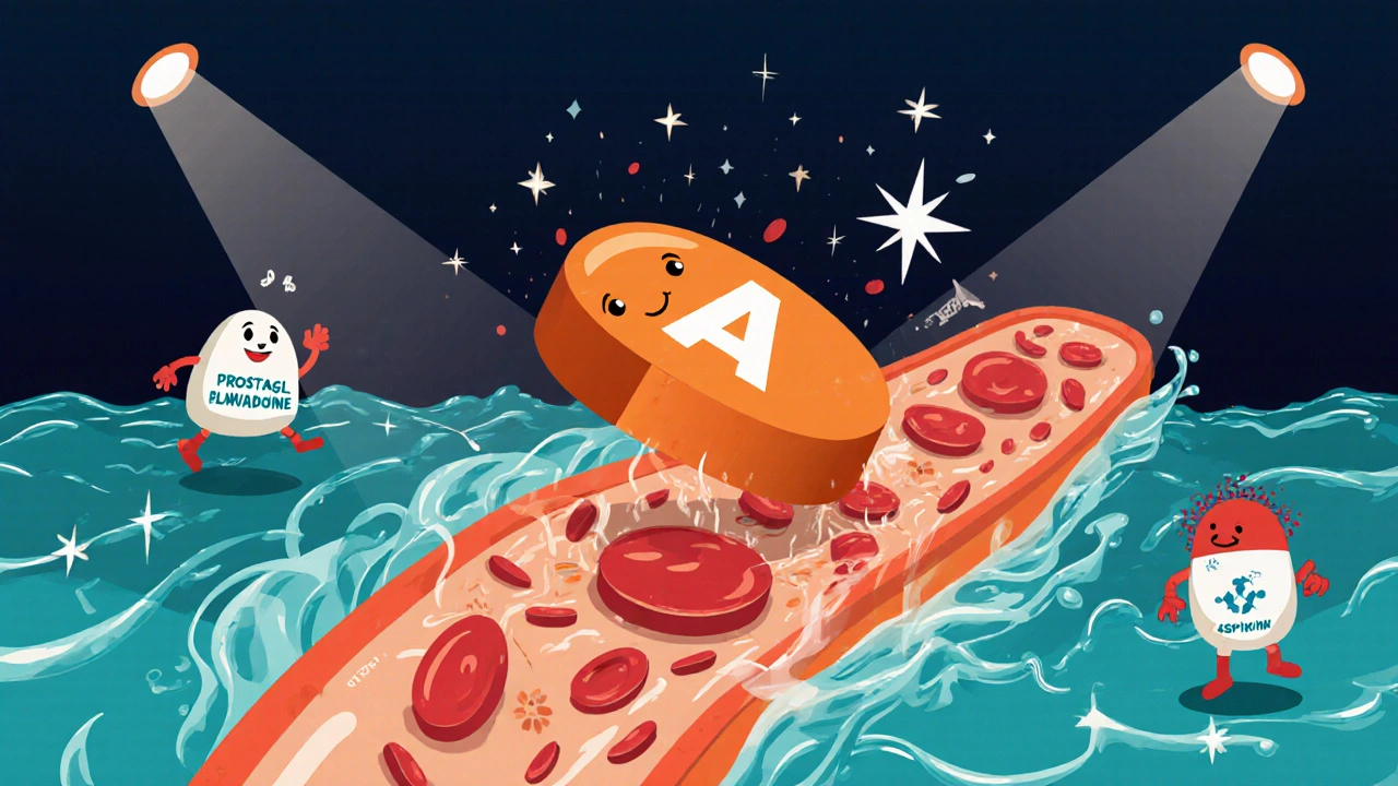 Aspirine orange plonge dans une veine, réduisant les prostaglandines, style illustration mexicaine.