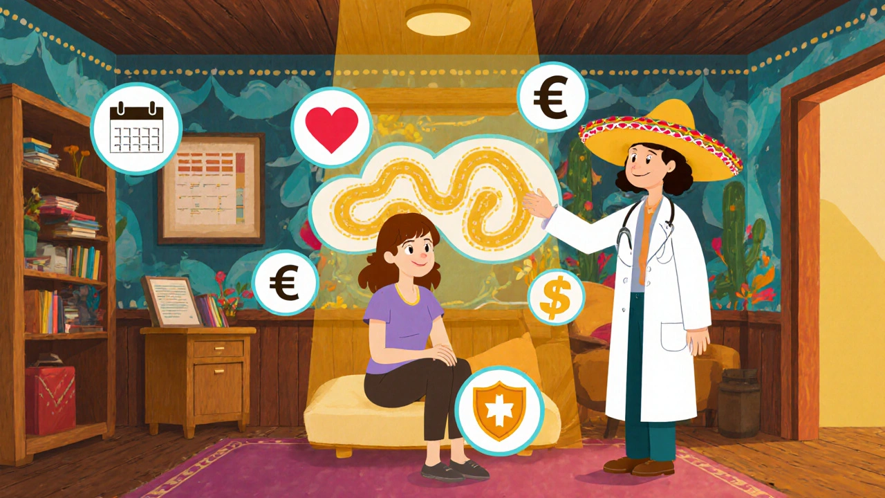 Consultation médicale avec icônes flottantes montrant les critères de choix du traitement.