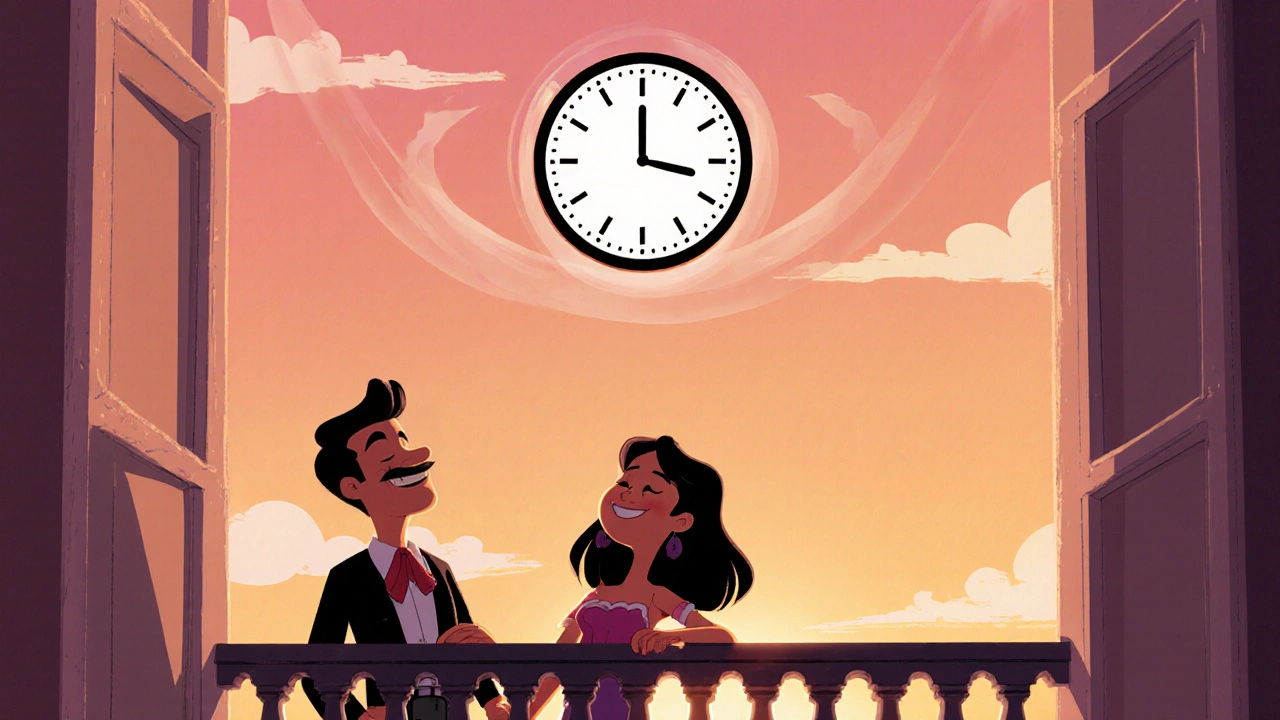 Couple cartoon détendu, horloge montrant 24‑36 h, symbolisant la spontanéité.