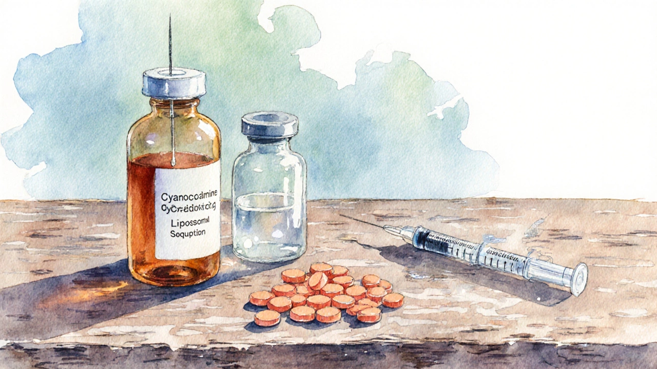 Différents compléments B : seringues, pilules et solution liposomale sur table.