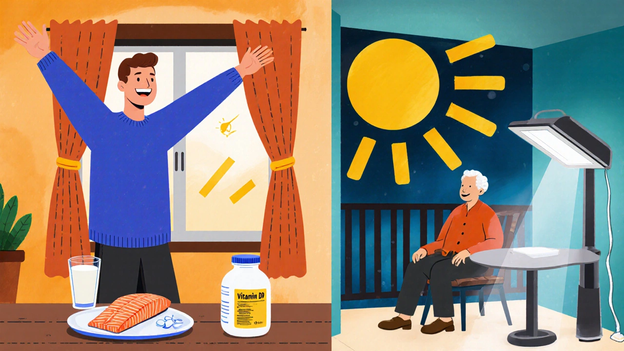 Famille autour d'aliments riches en vitamine D, prise de soleil et lampe de photothérapie en intérieur.