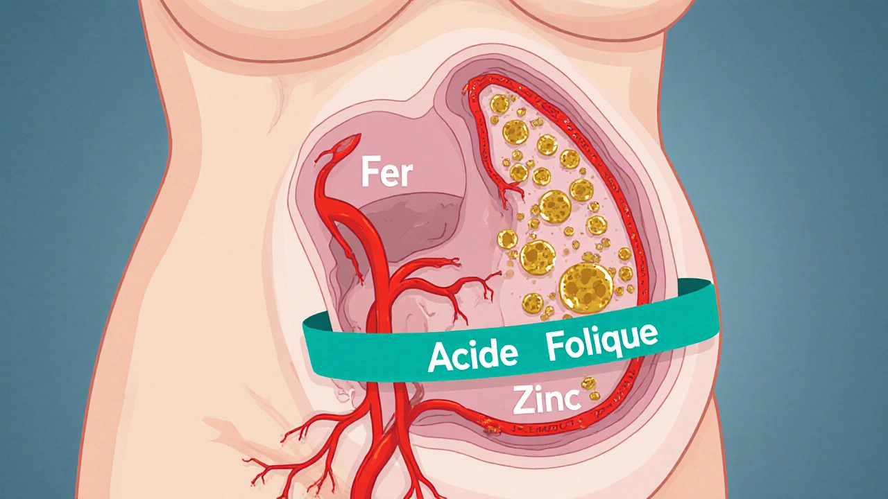 Femme enceinte en coupe montrant fer, acide folique et zinc circulant vers le fœtus.