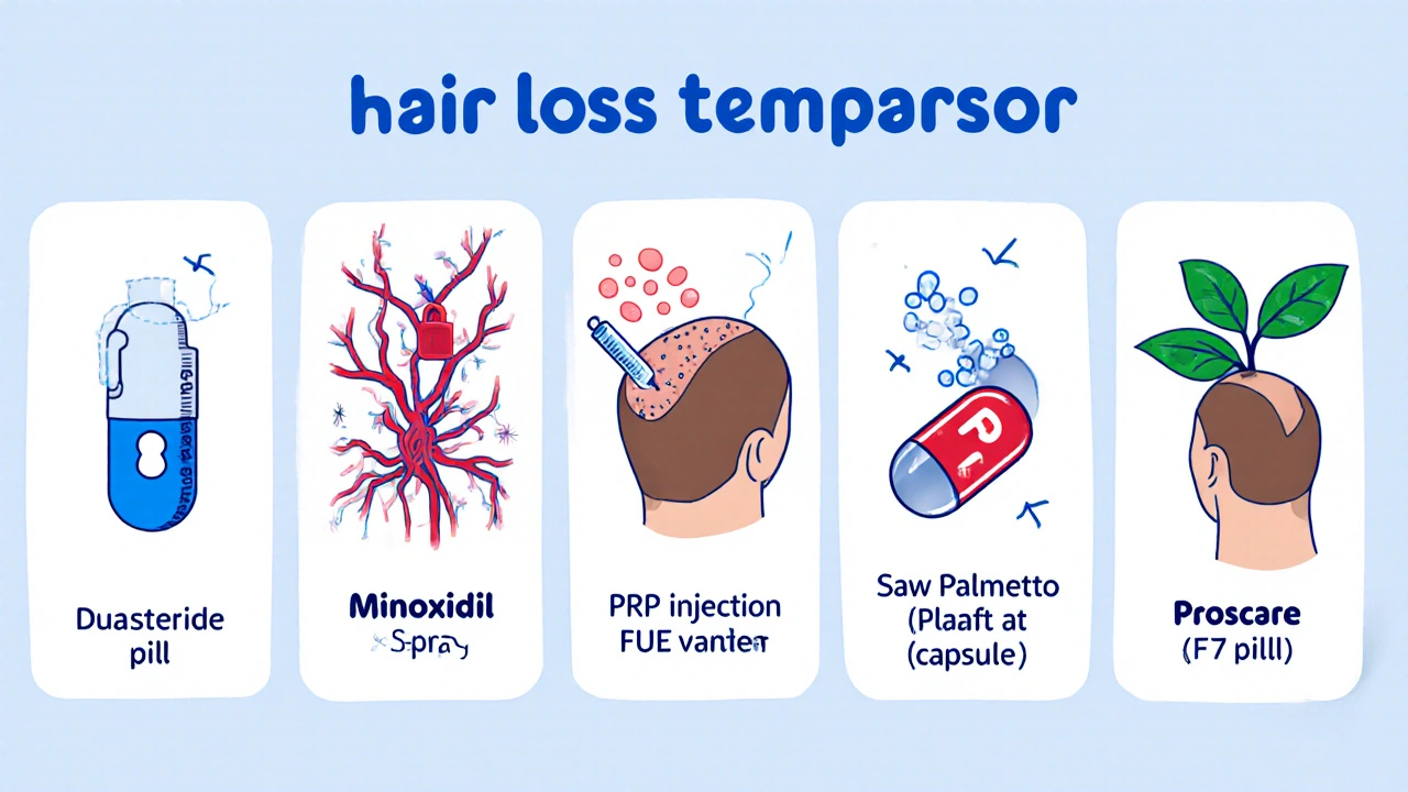 Illustration comparant en bande dessinée les traitements contre la chute des cheveux.