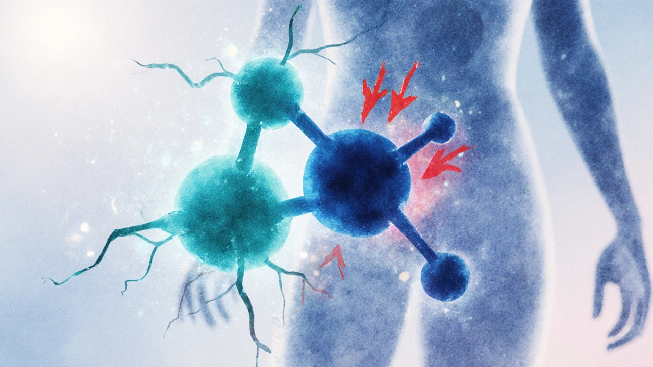 Illustration des molécules de Sildenafil et Tadalafil s'entremêlant autour d'un corps humain stylisé.