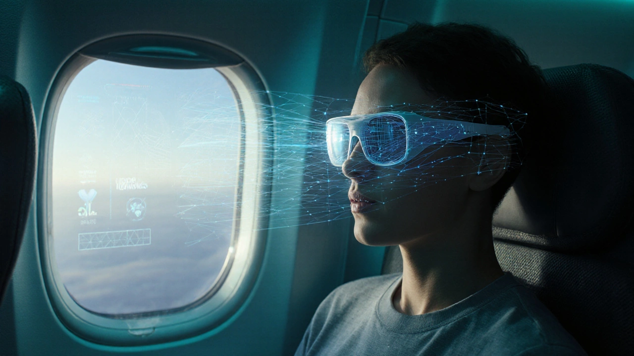 Lunettes intelligentes futuristes détectant le déséquilibre vestibulaire et affichant un visuel stabilisé.