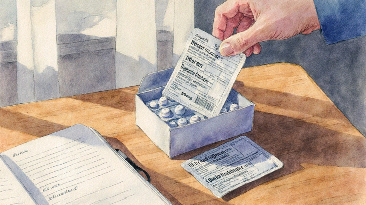 Main ouvre un colis contenant des boîtes de fluoxétine, journal de santé ouvert à côté.