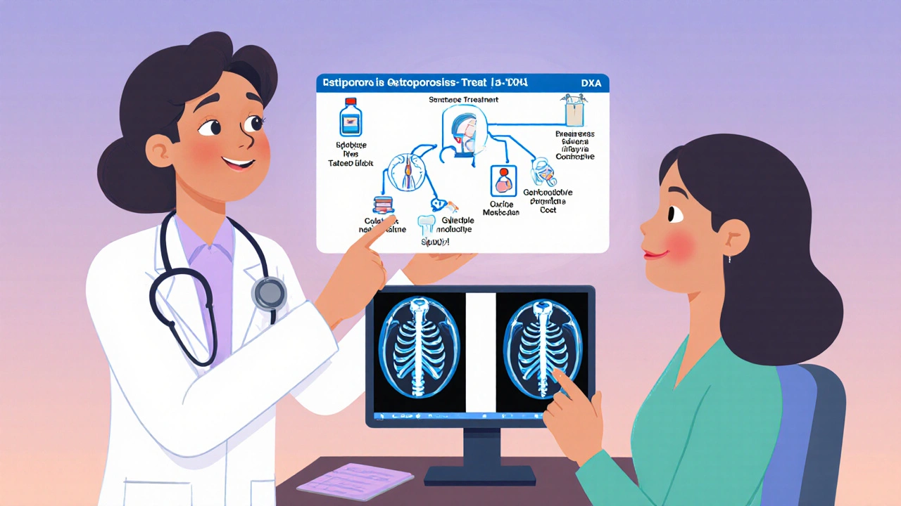 Médecin et patiente devant un écran DXA, discutant d’un plan de traitement personnalisé.