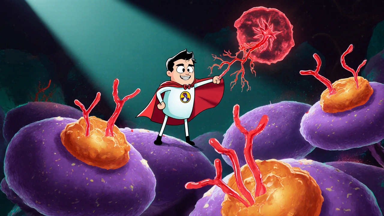 Molécule de Losartan en super‑héros bloque les récepteurs AT1 sur des cellules tumorales, inhibant l&#039;angiogenèse.