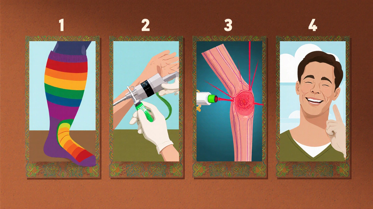 Montage de traitements : bas de compression, sclérothérapie, laser, chirurgie et aspirine, style cartoon mexicain.