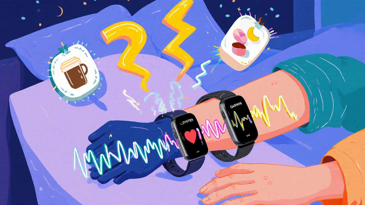 Montres connectées sur une table de chevet émettant des lumières colorées représentant des signes vitaux.