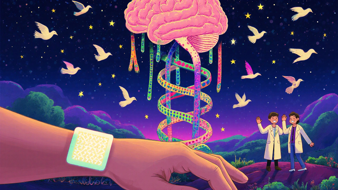 Patch médical sur le bras émettant des flux de données vers un cerveau étoilé, symbole de prédiction intelligente.