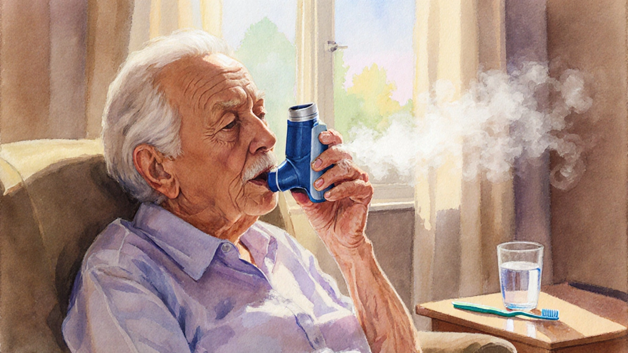 Patient âgé respirant confortablement avec un DPI, brume légère visible.