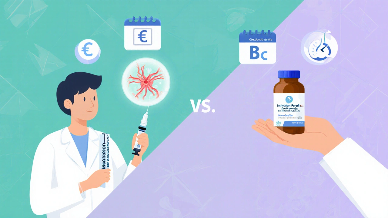 Patient et médecin comparant injection et complément oral, avec icônes de coût et fréquence.