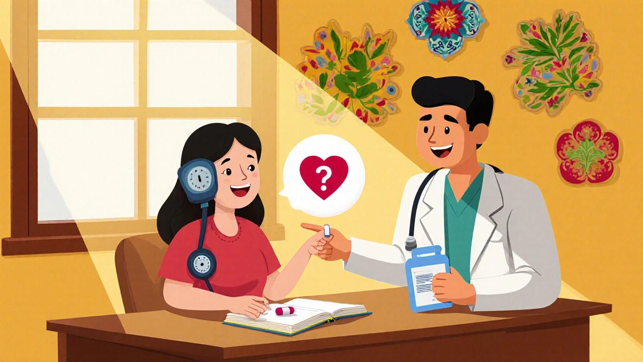 Patient et médecin discutent du Losartan et du cancer dans une clinique colorée avec décor mexicain.