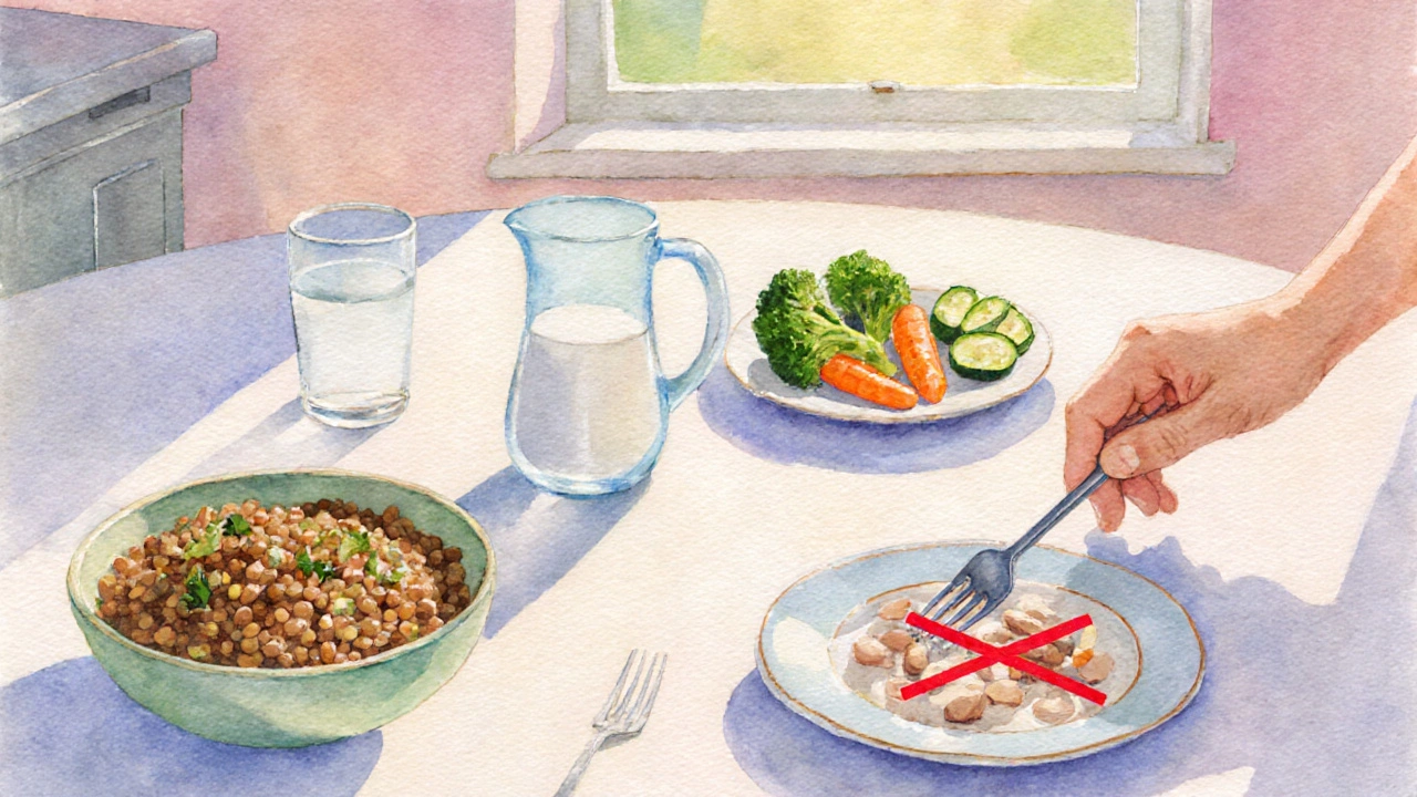 Peinture à l'aquarelle d'un repas équilibré avec lentilles, légumes cuits et alternatives saines.