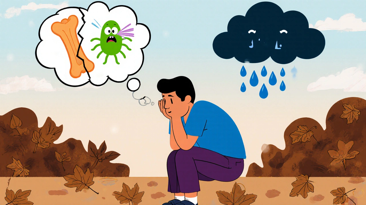Personnage montrant une côte fissurée, des microbes et un nuage sombre symbolisant les effets du manque de vitamine D.