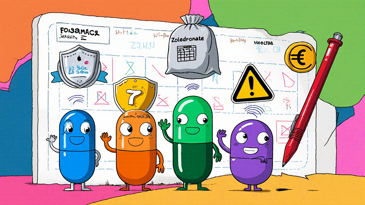 Personnages cartoon représentant différents traitements de l’ostéoporose avec icônes de coût et d’administration.