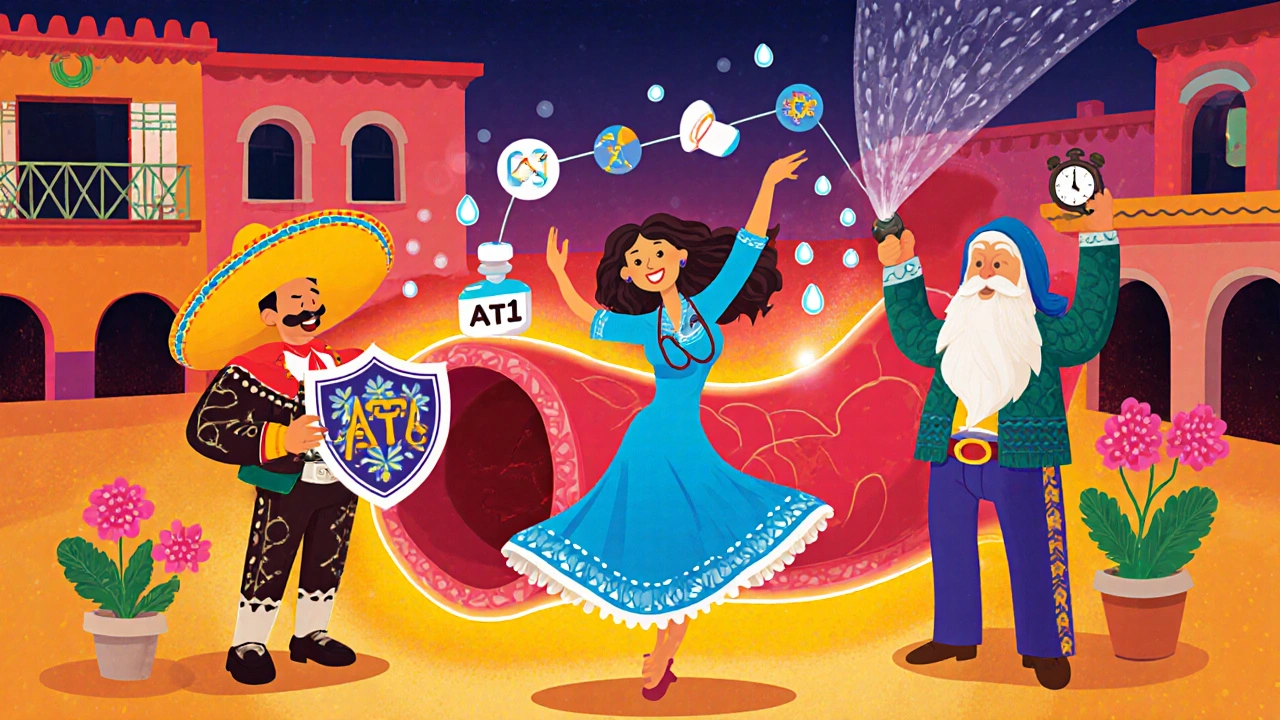 Personnages représentant les médicaments autour d’une artère, style animation mexicaine.