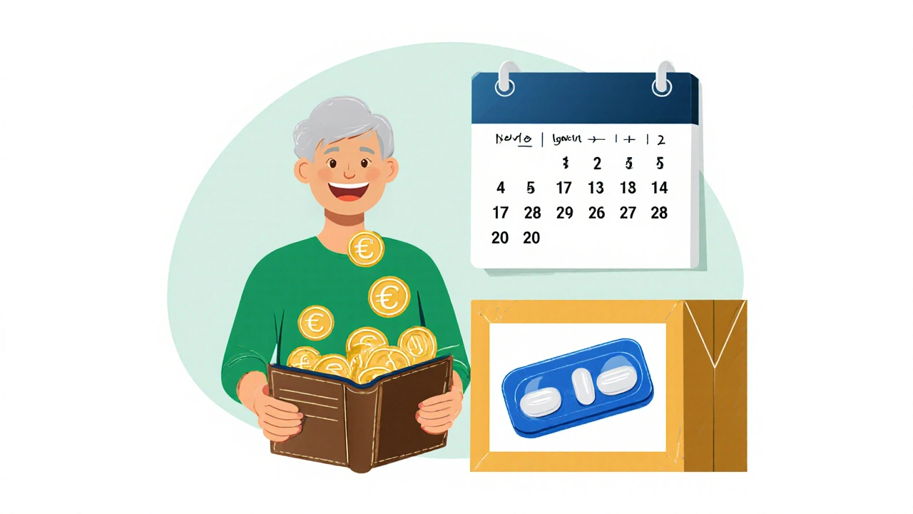 Personne souriante tenant un portefeuille rempli d'économies, à côté d'une boîte de médicaments génériques livrée.