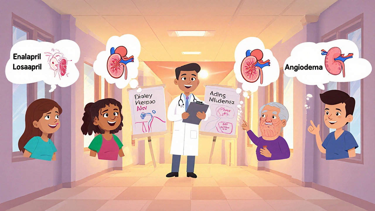 Quatre patients avec leurs traitements suggérés, illustrés en style cartoon mexicain.