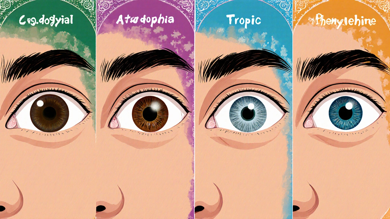 Quatre yeux cartoon montrant différentes tailles de pupilles pour chaque médicament mydriatique.