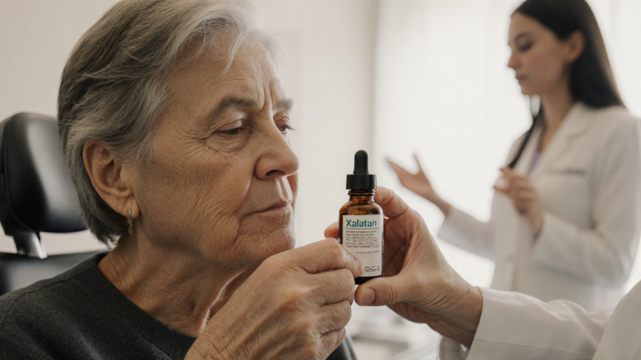 Scène clinique d'une main appliquant une goutte d'œil avec un médecin présent.