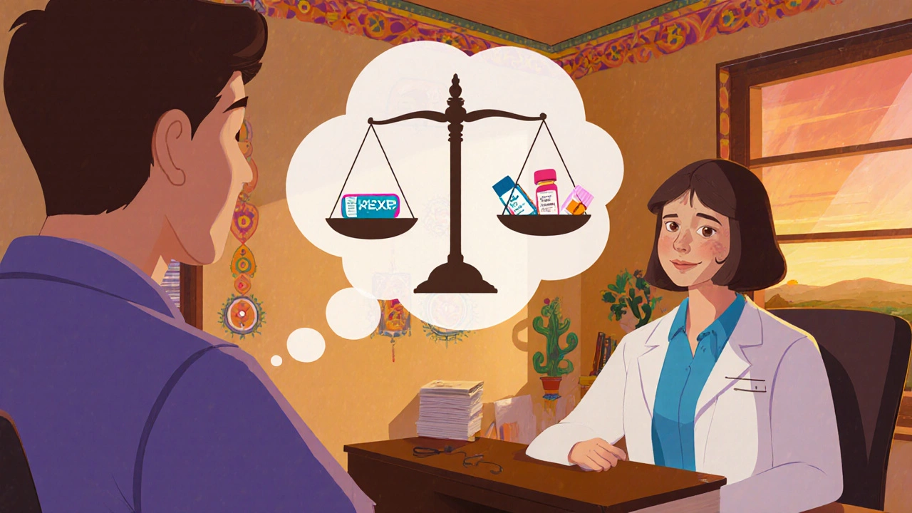 Scène de consultation où le patient et le médecin examinent les options de traitement avec une balance symbolisant les alternatives.