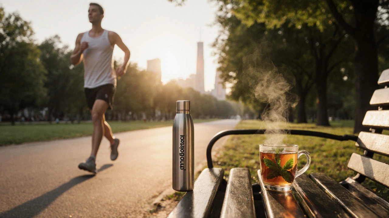 Scène photoréaliste d'une marche au crépuscule avec bouteille de probiotique et thé à la menthe.