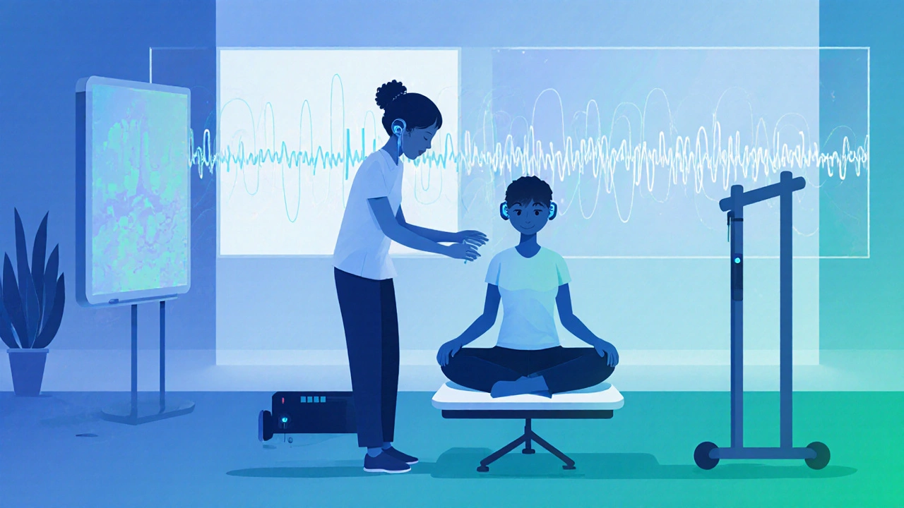Thérapie vestibulaire avec dispositif de stimulation neuromodulatrice derrière l'oreille.