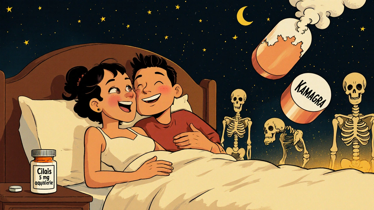 Un couple heureux avec une bouteille de Cialis, tandis qu&#039;un comprimé illégal se décompose en fumée toxique.