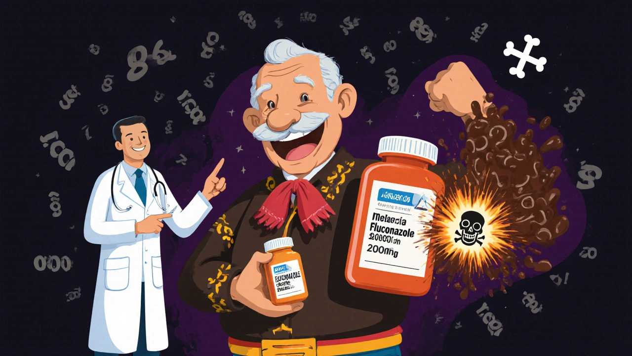 Un homme âgé aux muscles foncés, tenant un antifongique à haute dose, entouré de chiffres CPK explosifs.