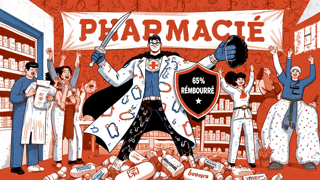 Un médecin superhéros détruisant des pilules contrefaites sous un panneau &#039;65 % remboursé&#039;.