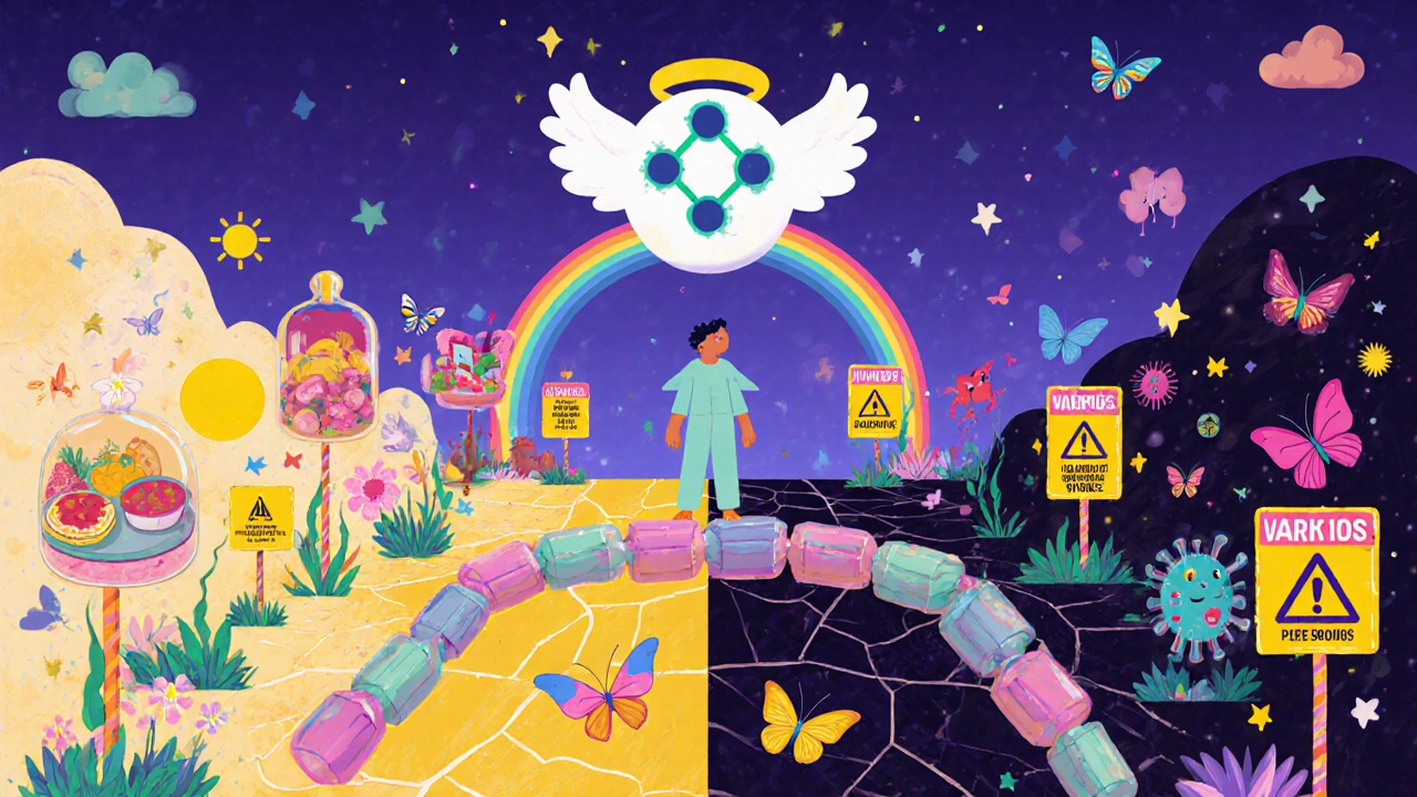 Un patient face à deux chemins : une vie saine avec le greffon ou des risques du traitement, protégé par le tacrolimus.