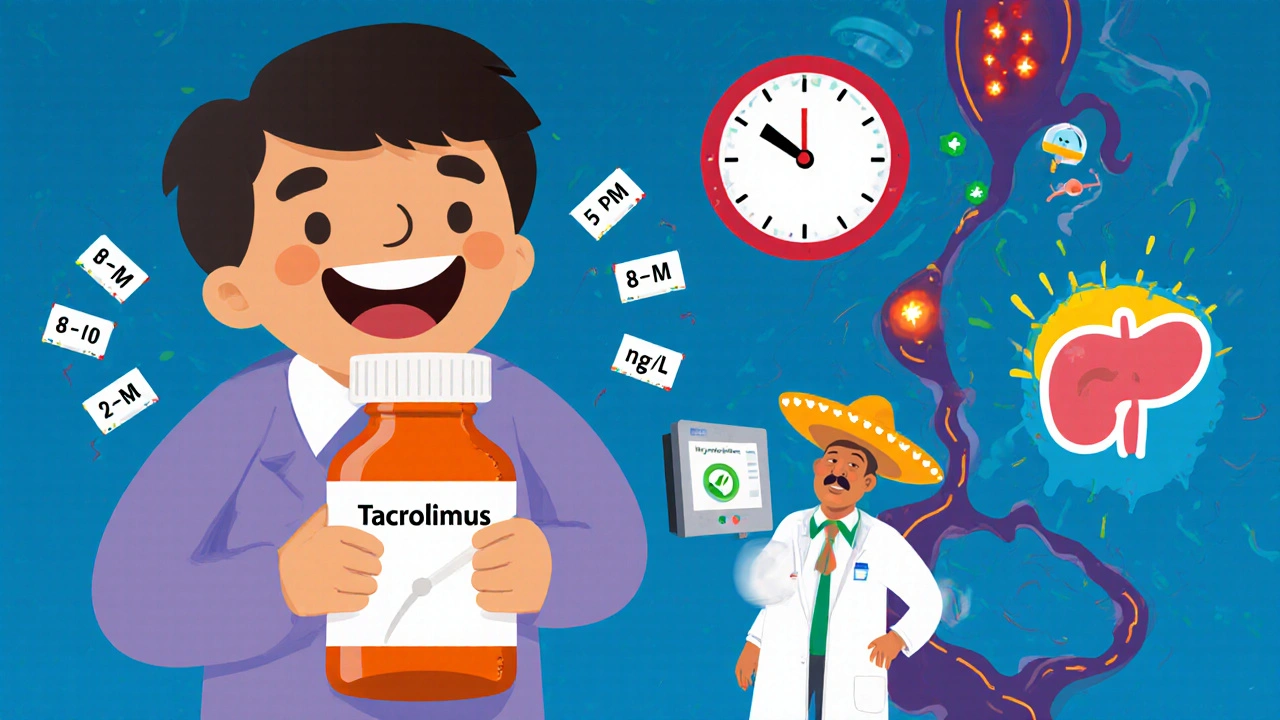 Un patient prend son médicament à heures fixes, surveillé par un flux sanguin indiquant les taux thérapeutiques.