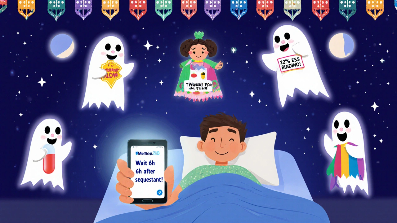 A patient receives a phone alert while cartoon pills float above, one wearing a &#039;22% less binding&#039; cape.