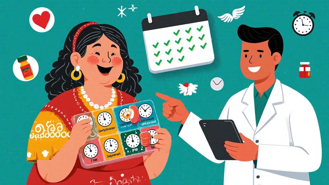 A woman organizing pills in a colorful timed organizer with a pharmacist guiding her.