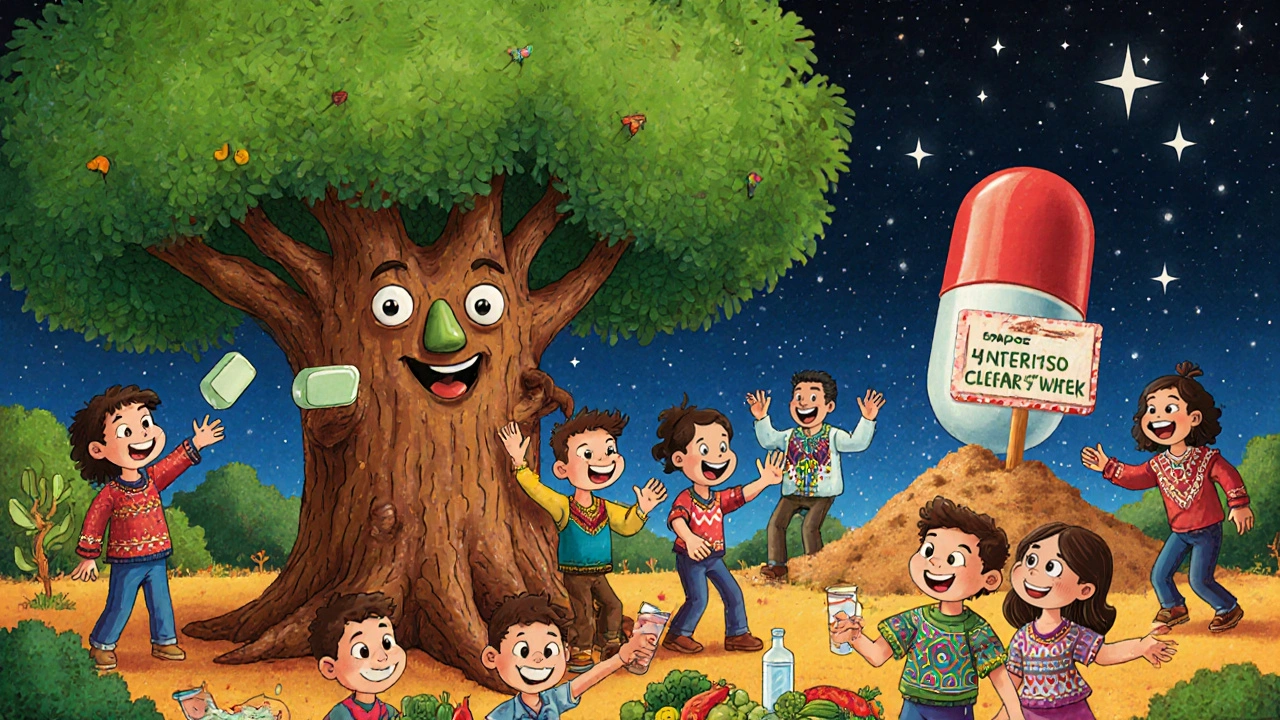 Arbre de neem offrant du savon à des enfants, tandis qu&#039;une pilule Purim se décompose.