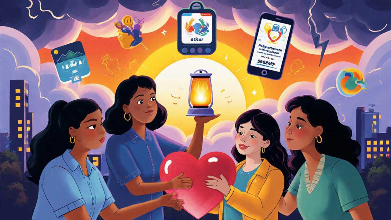 Cercle de parents divers tenus par une lanterne en forme de cœur, entourés d&#039;icônes de soins et de lumière levante.