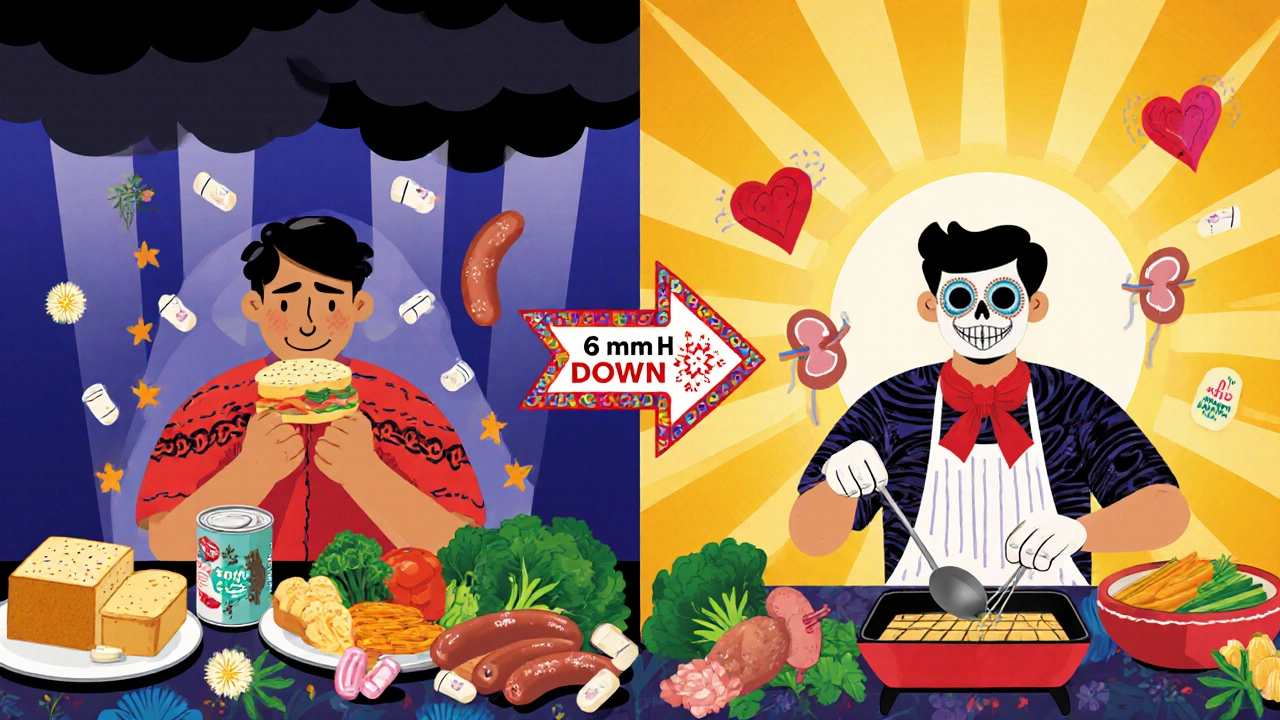 Comparaison entre alimentation riche en sel (négative) et alimentation fraîche (positive) avec symboles de santé.