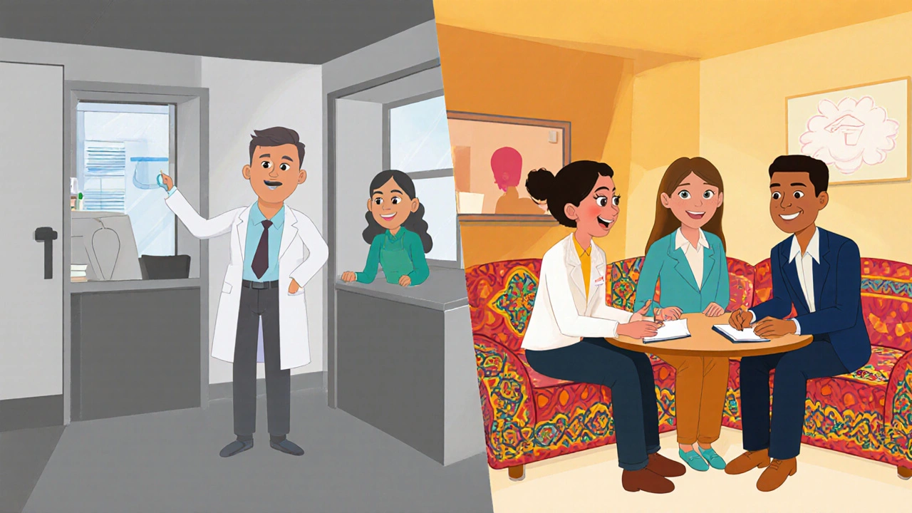 Comparaison entre deux systèmes de soins : séparés et gris vs intégrés et colorés, avec un patient entouré de soutien.