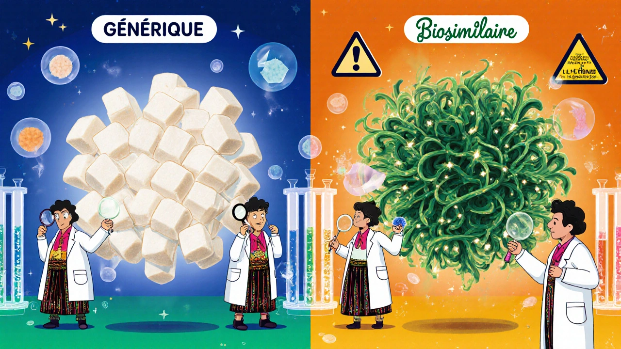 Comparaison entre une molécule simple et une protéine complexe dans deux laboratoires stylisés.