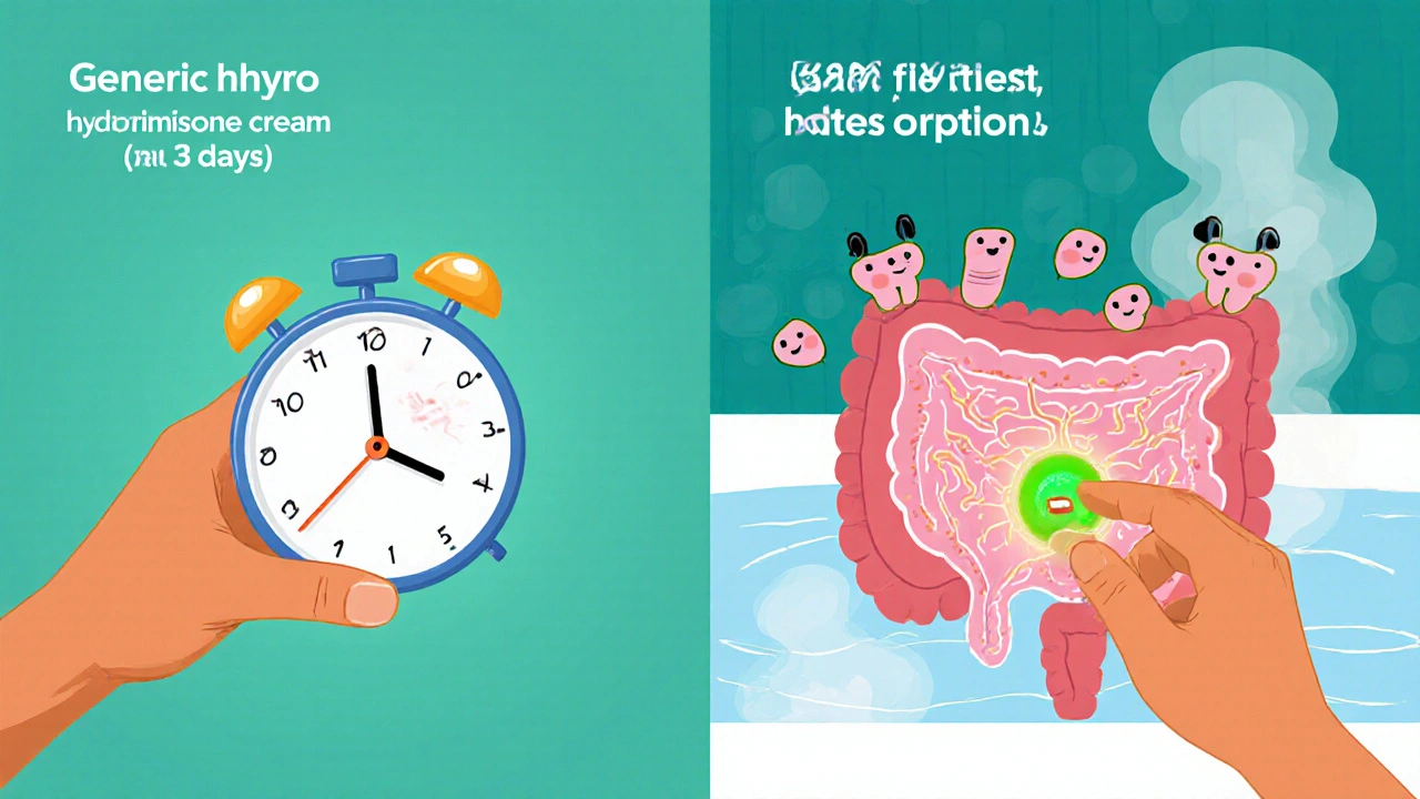 Comparaison visuelle entre crème et suppositoire pour hémorroïdes internes, avec un effet de lumière indiquant une meilleure absorption.