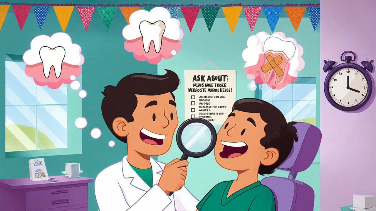 Dentiste examinant une mâchoire avec un os mort visible, entouré de bulles de pensée montrant des diagnostics erronés.