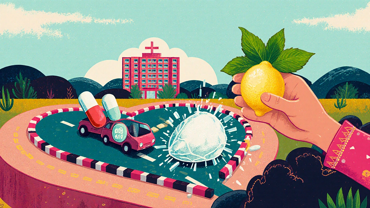 Des médicaments sur une route bloquée par un cristal de sel, détruit par un citron et des herbes.