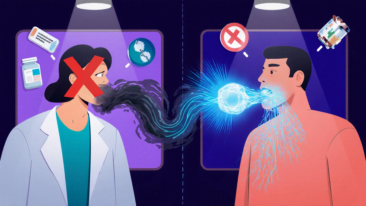 Deux scènes contrastées : traitements inefficaces à gauche, molécule icatibant apaisante à droite, style d&#039;animation mexicaine.