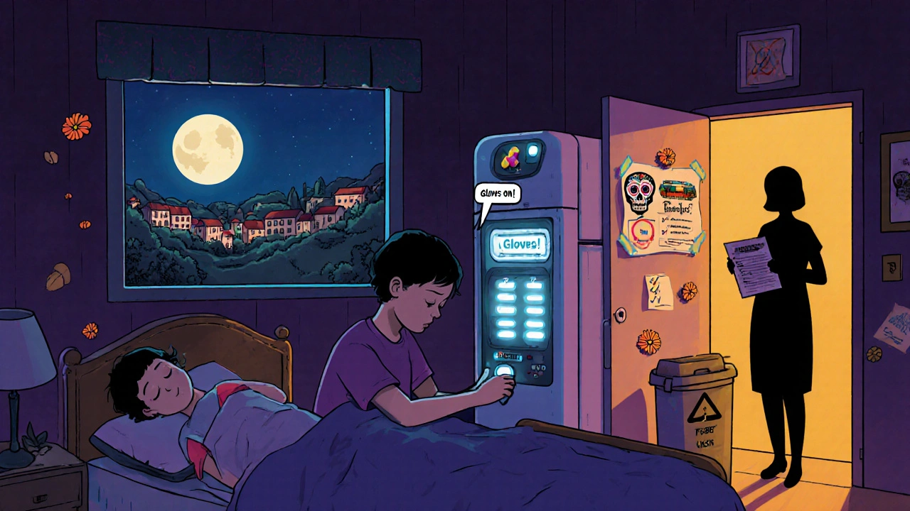 Dispositif intelligent MedMinder Pro Chemo allumé la nuit, avec une checklist sur le frigo et un enfant endormi dans la chambre voisine.