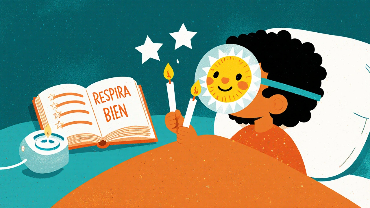 Enfant pratiquant la respiration avec un masque en forme de soleil, entouré d&#039;étoiles et d&#039;une lampe halogène intelligente.