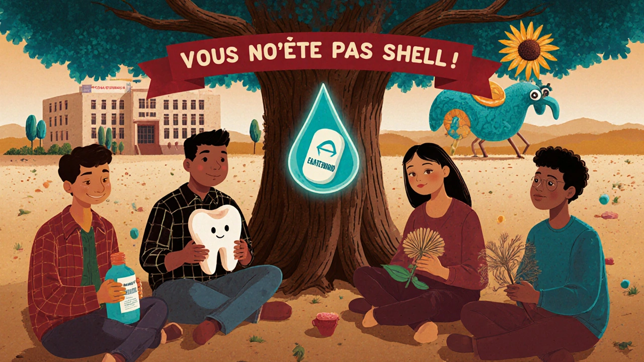 Groupe de personnes partageant leurs luttes contre le syndrome de Sjögren sous un arbre, une pilule lumineuse flotte au-dessus.