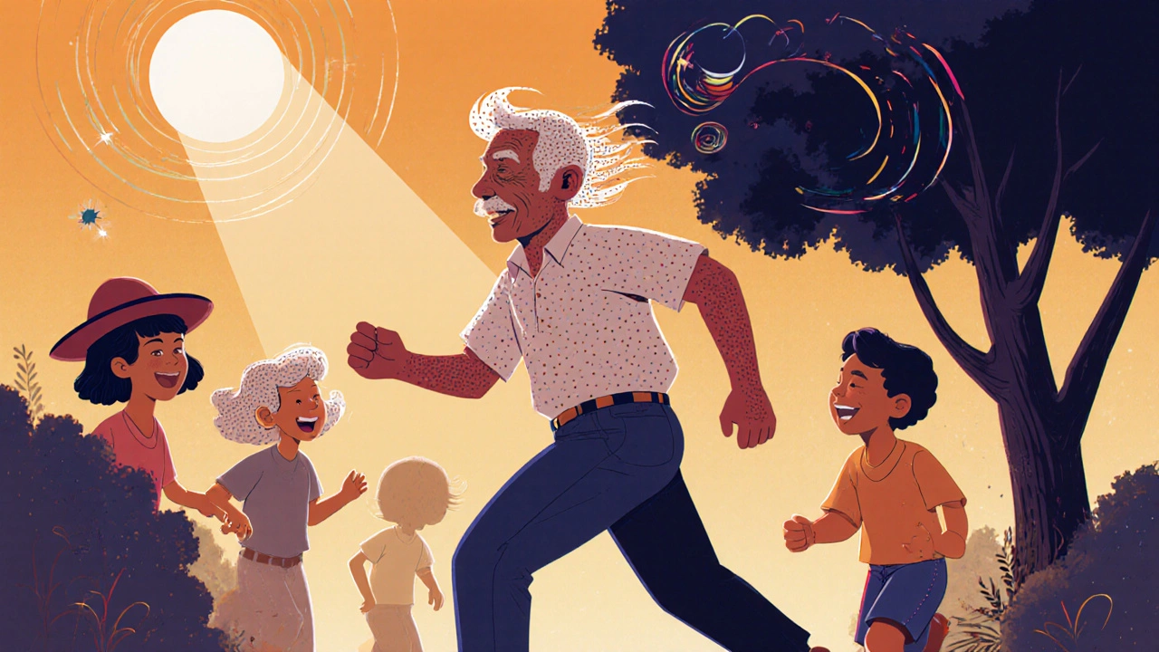 Homme courant sans chapeau dans un parc, son crâne pigmenté semble naturellement rasé.